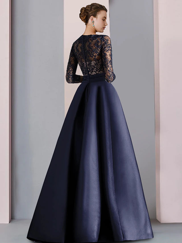 Floor-length A-line dress with a split front, suitable for formal events.