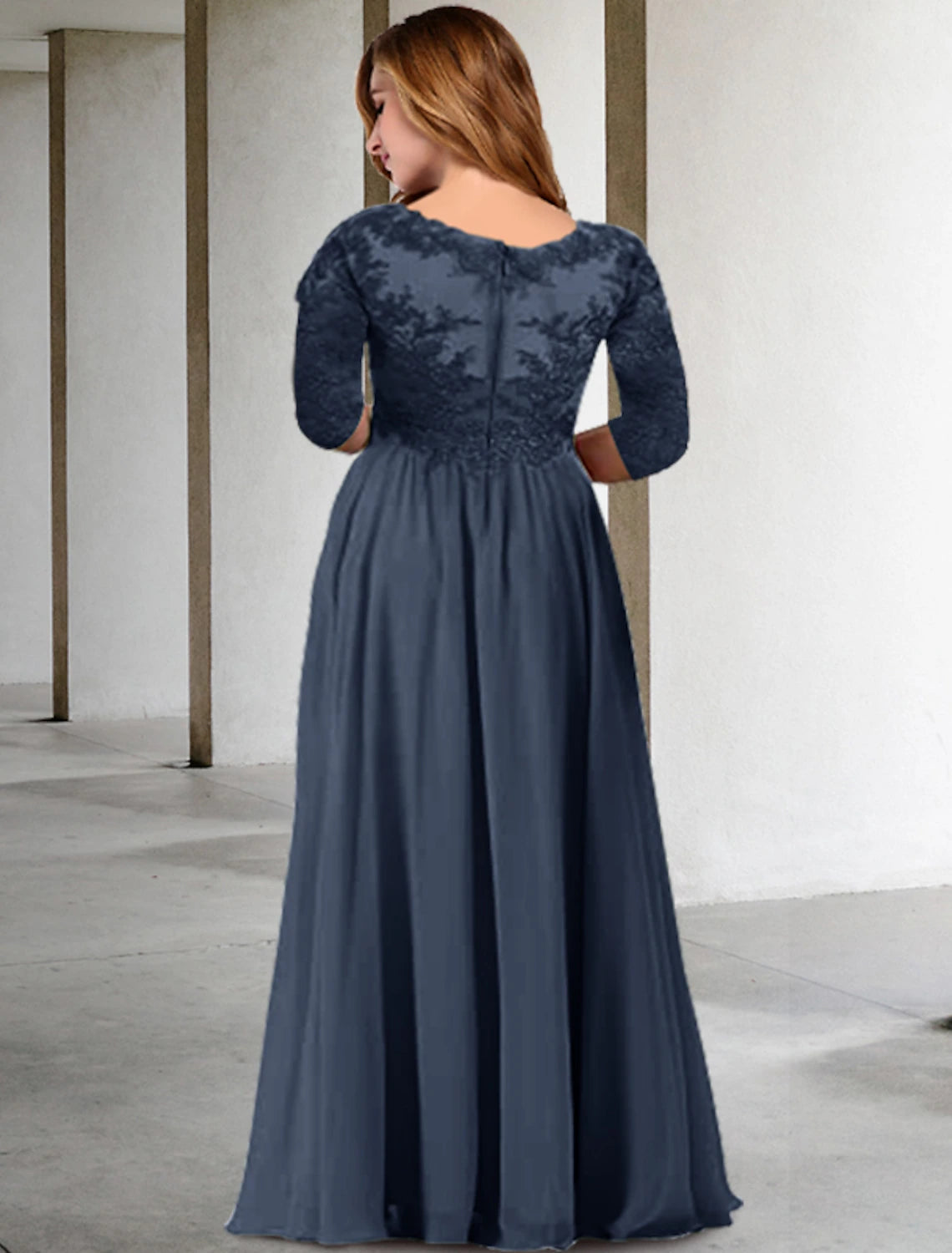 Detail of the pleats and appliques on the A-line formal gown.