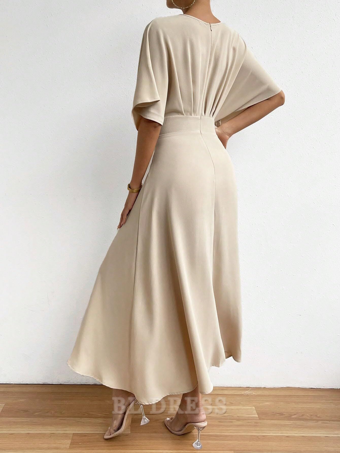 Side view of the A-Line V-Neck half sleeve bridesmaid dress.