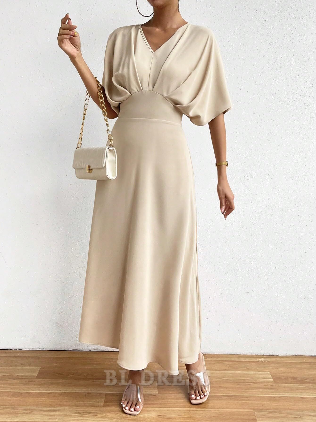 Back view of the A-Line V-Neck ruched evening gown.