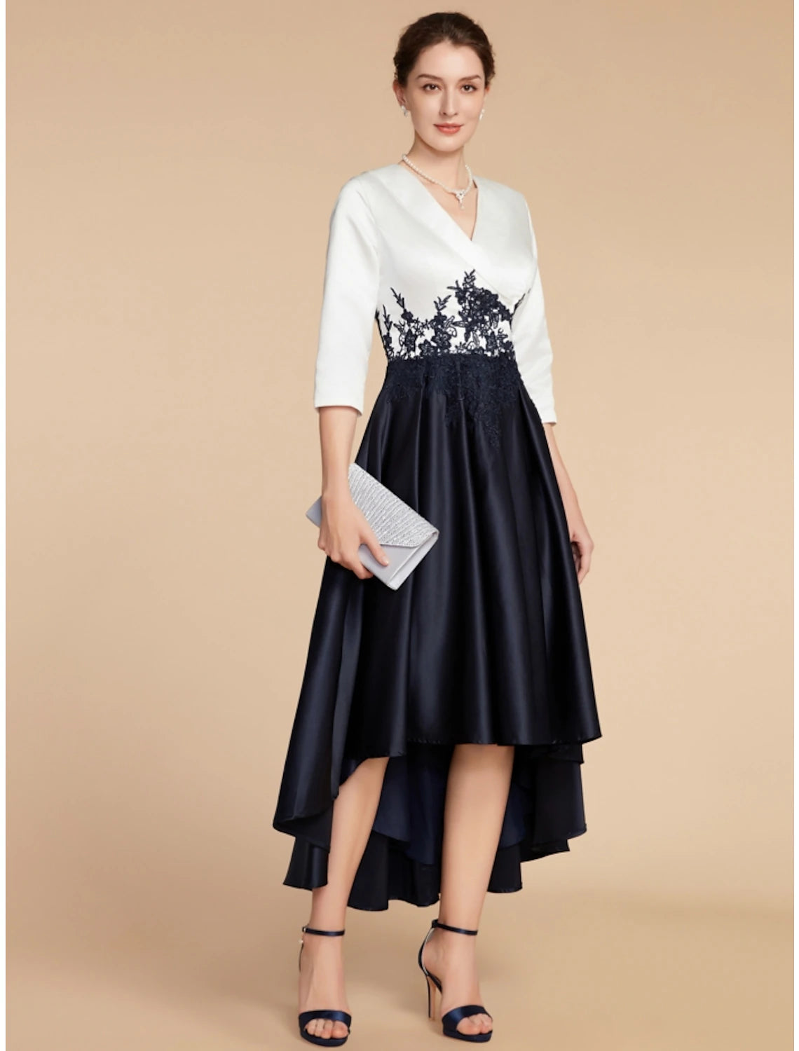 Elegant A-line V-neck half sleeve satin lace dress with ruching.
