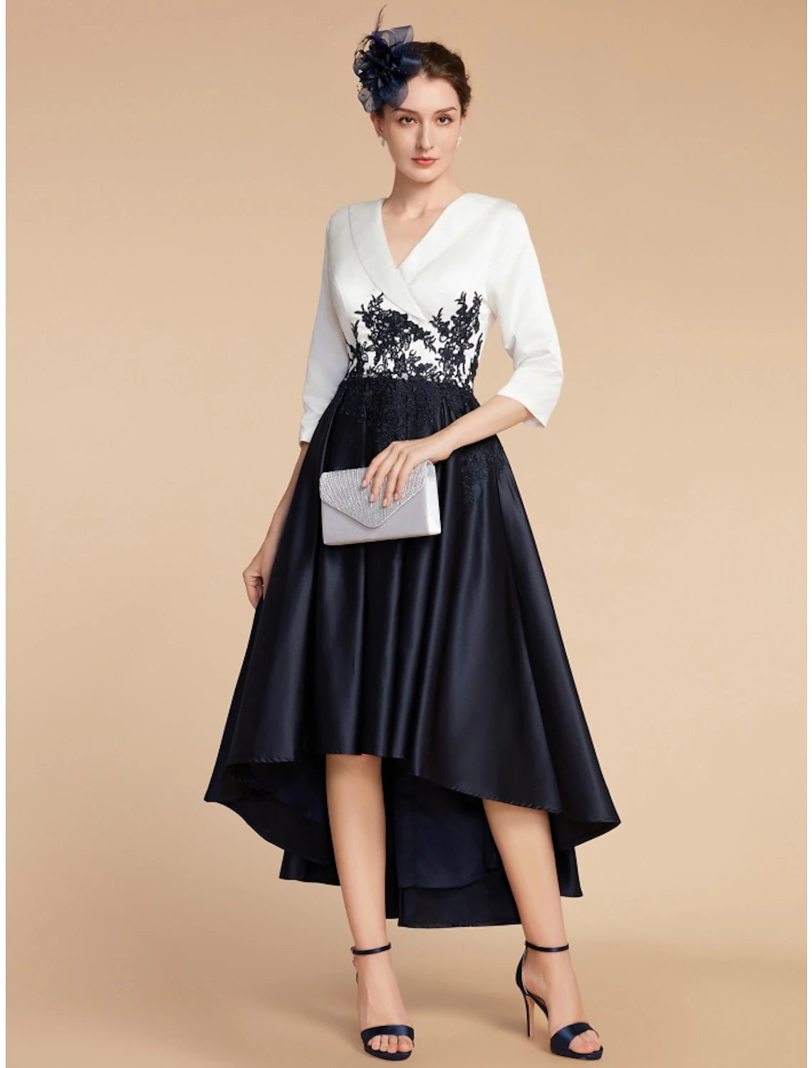 Full length view of A-line Mother of the Bride dress.