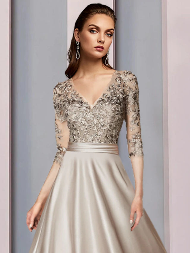 Back view of the A-Line V-neck half sleeve satin lace tea length dress.
