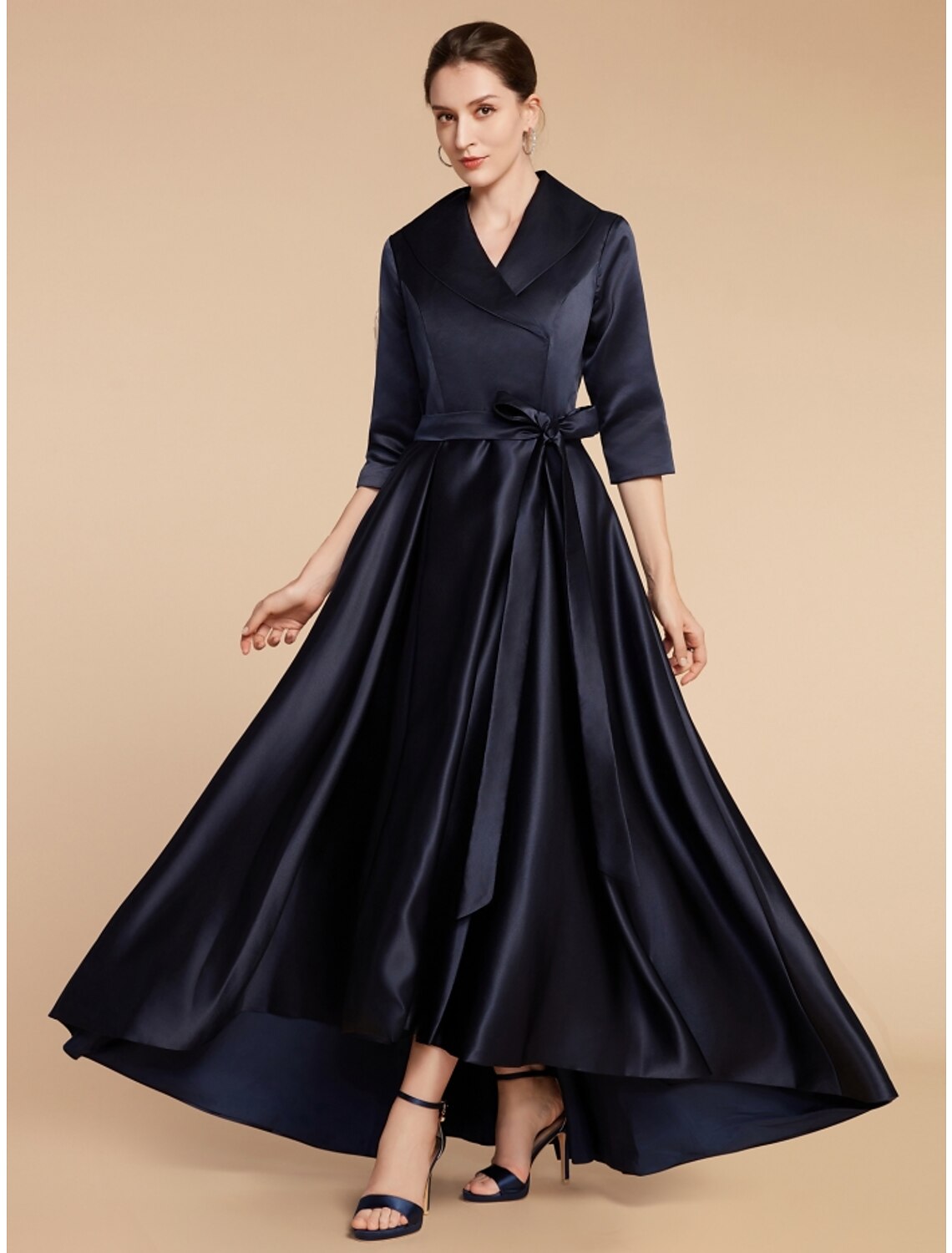 Elegant A-line satin dress with V-neck and half sleeves.