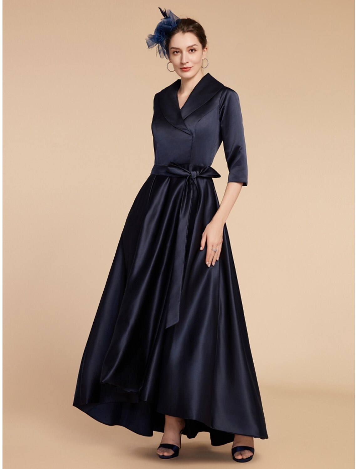 Model wearing the A-line satin dress, showcasing its flow and fit.