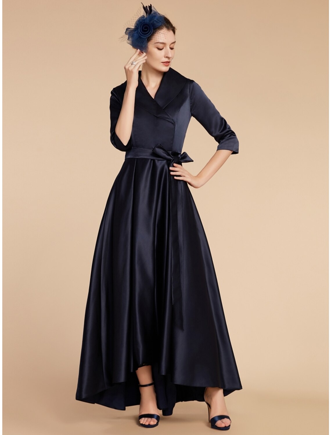 Another angle of the elegant A-line dress, emphasizing the satin fabric.