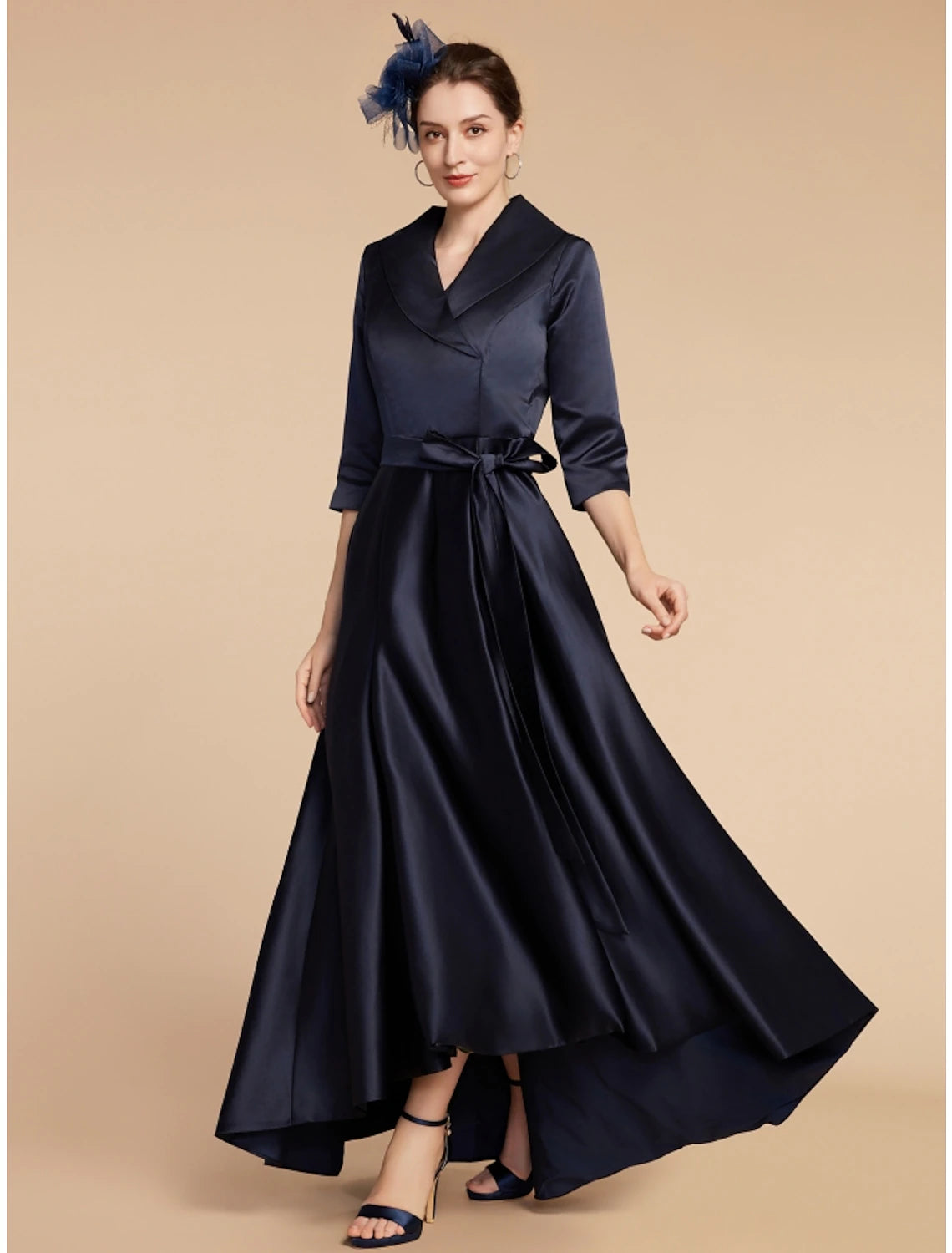 Full length view of the solid color A-line dress, suitable for formal events.
