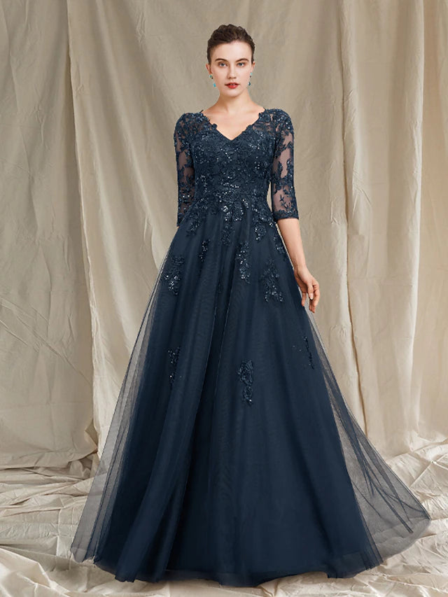 Elegant A-line Mother of the Bride dress with V-neck, half sleeves, and sequin lace details.