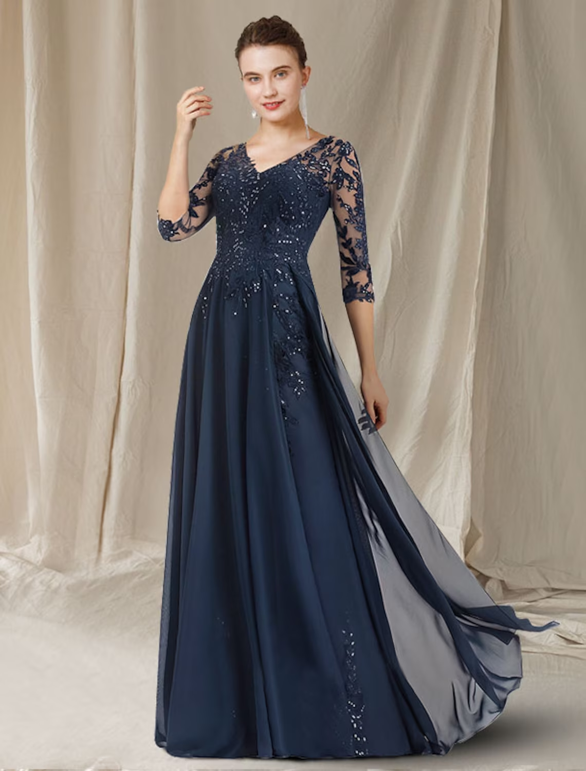 Elegant A-line V-neck mother of the bride dress with half sleeves, chiffon, lace, and sequin appliques.