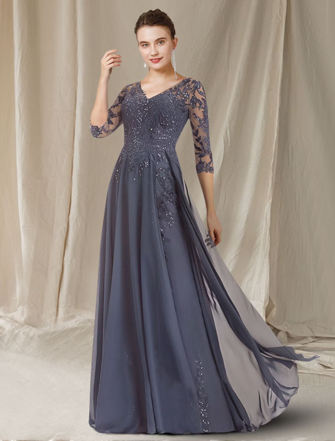 Back view of the elegant V-neck chiffon lace sequined gown, perfect for formal occasions.