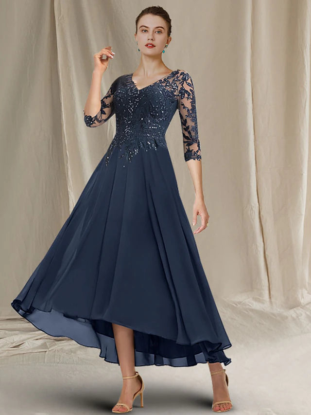 Elegant A-line Mother of the Bride dress with V-neck and half sleeves.