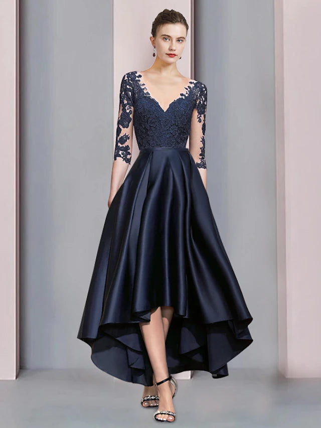 Elegant A-Line Mother of the Bride dress in satin with lace details.