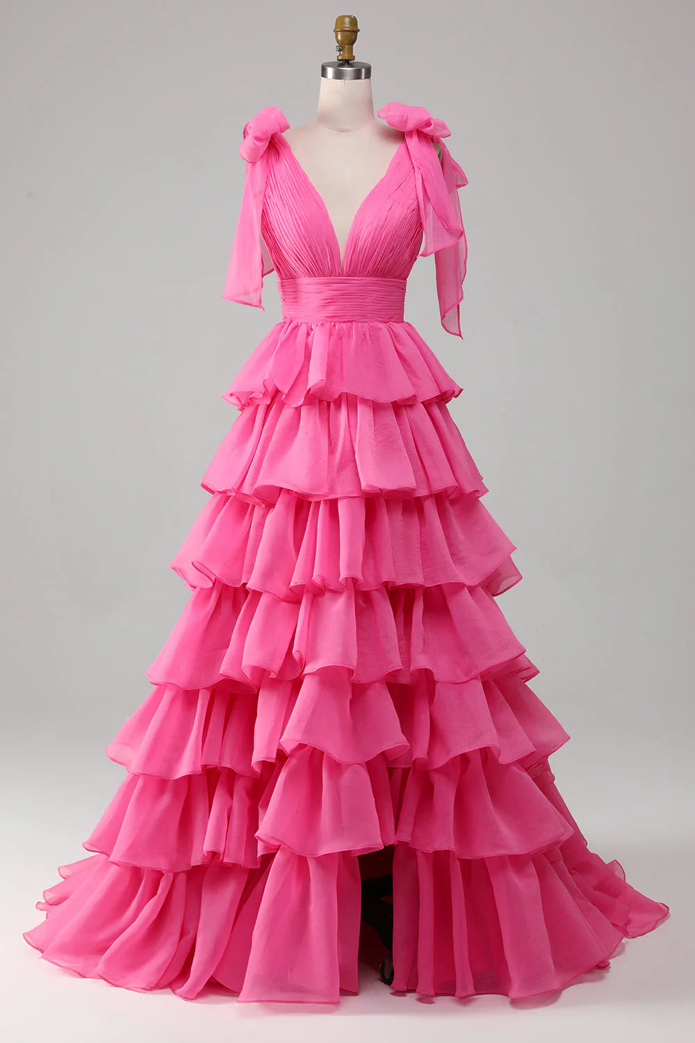 Elegant fuchsia A-line V-neck prom dress with a high slit.