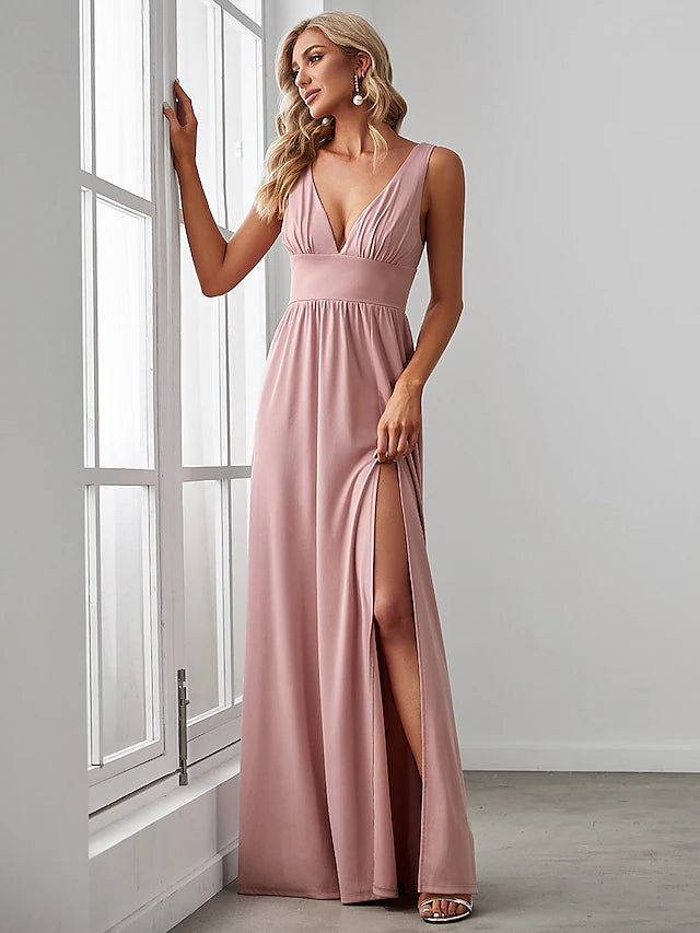 Elegant A-line V-neck chiffon prom dress with a high split.