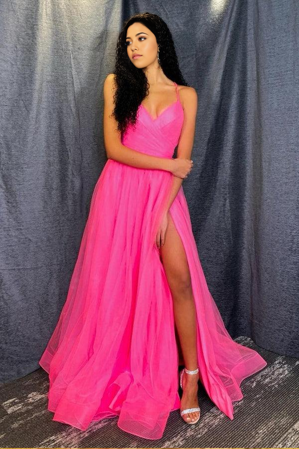Elegant hot pink A-line V-neck tulle prom dress.