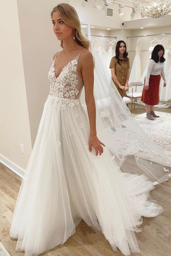 A-Line V-neck ivory floral wedding dress.