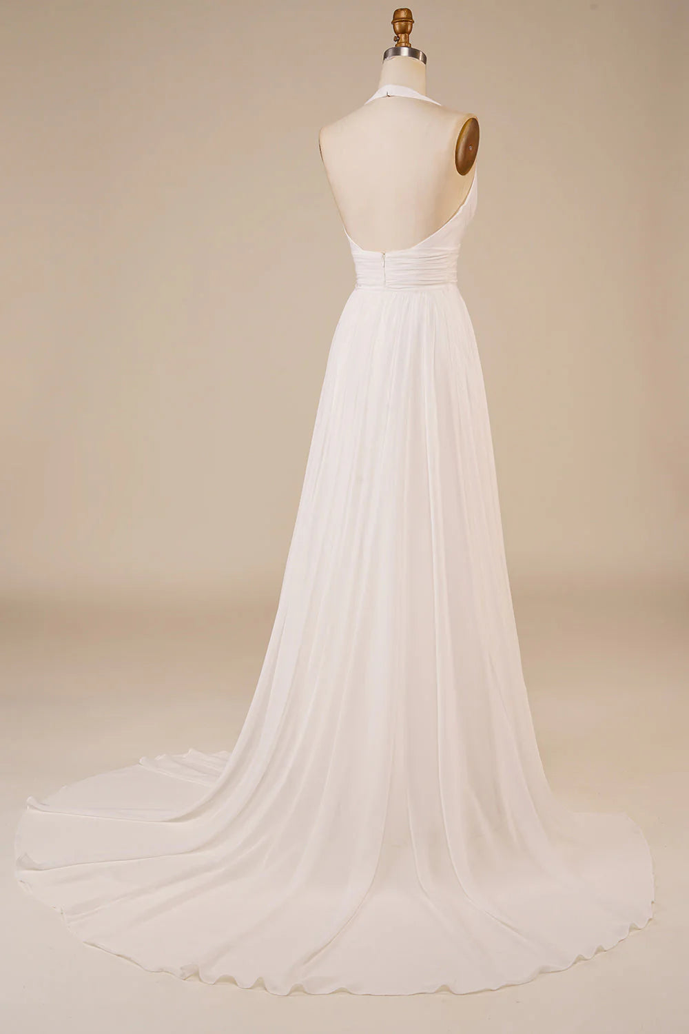 Back view of an A-Line Ivory wedding dress showing the sweep train.