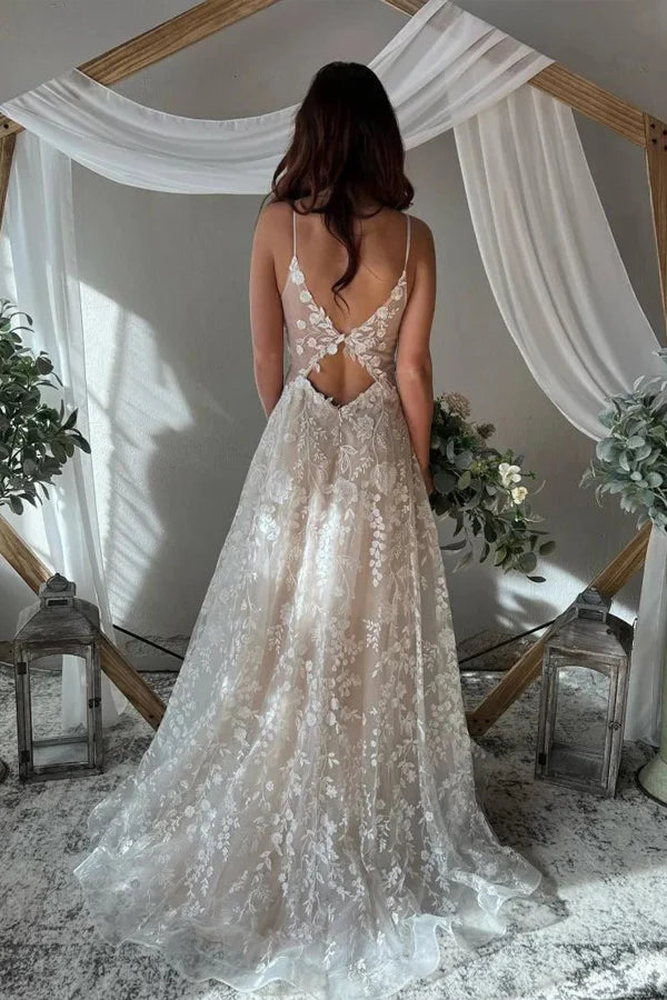Front view of A-Line wedding dress with V-neck and spaghetti straps.