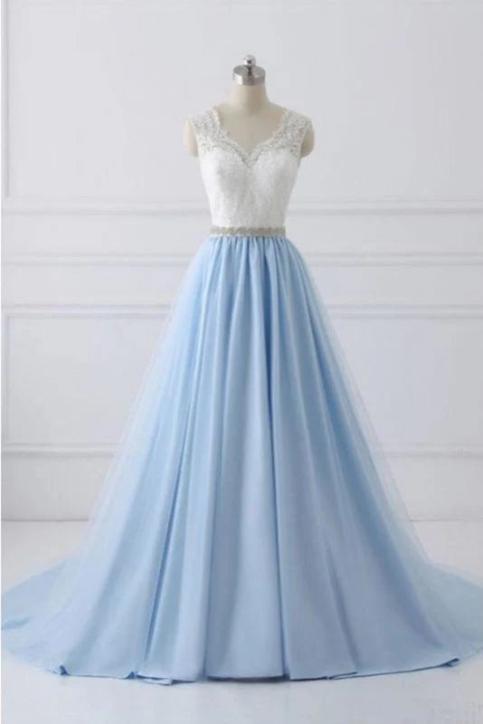 Elegant A-Line V-Neck prom dress with lace appliques and beads, front view.