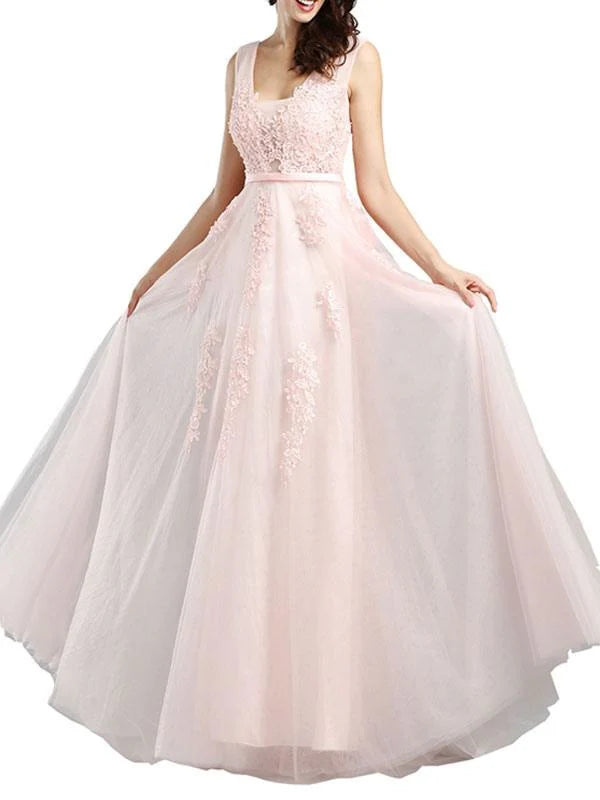Blue A-line V-neck lace applique prom dress.