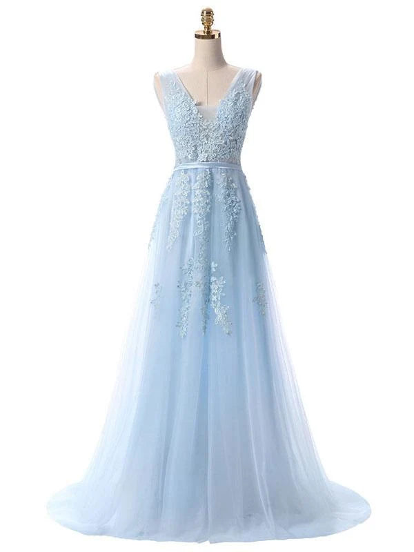 Pink A-line V-neck lace applique formal gown.