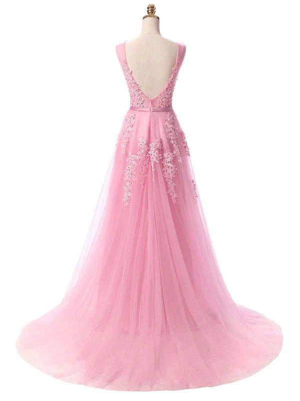 Back view of an A-line V-neck lace applique dress.