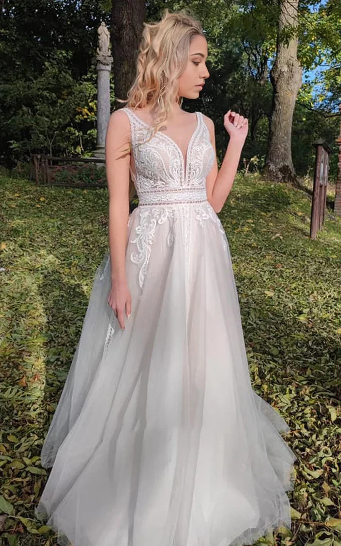 Back view of the A-Line V-neck wedding dress showcasing the low-V back detail.