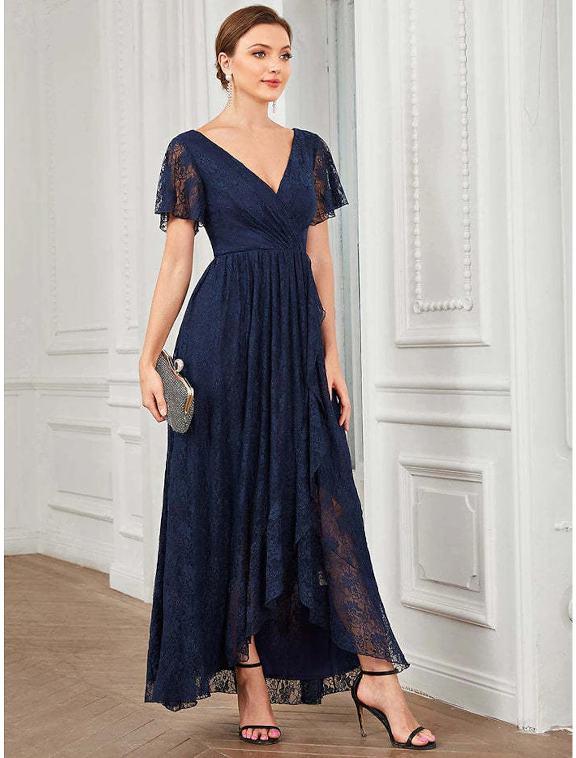 Back view of the A-line V-neck lace applique midi dress.