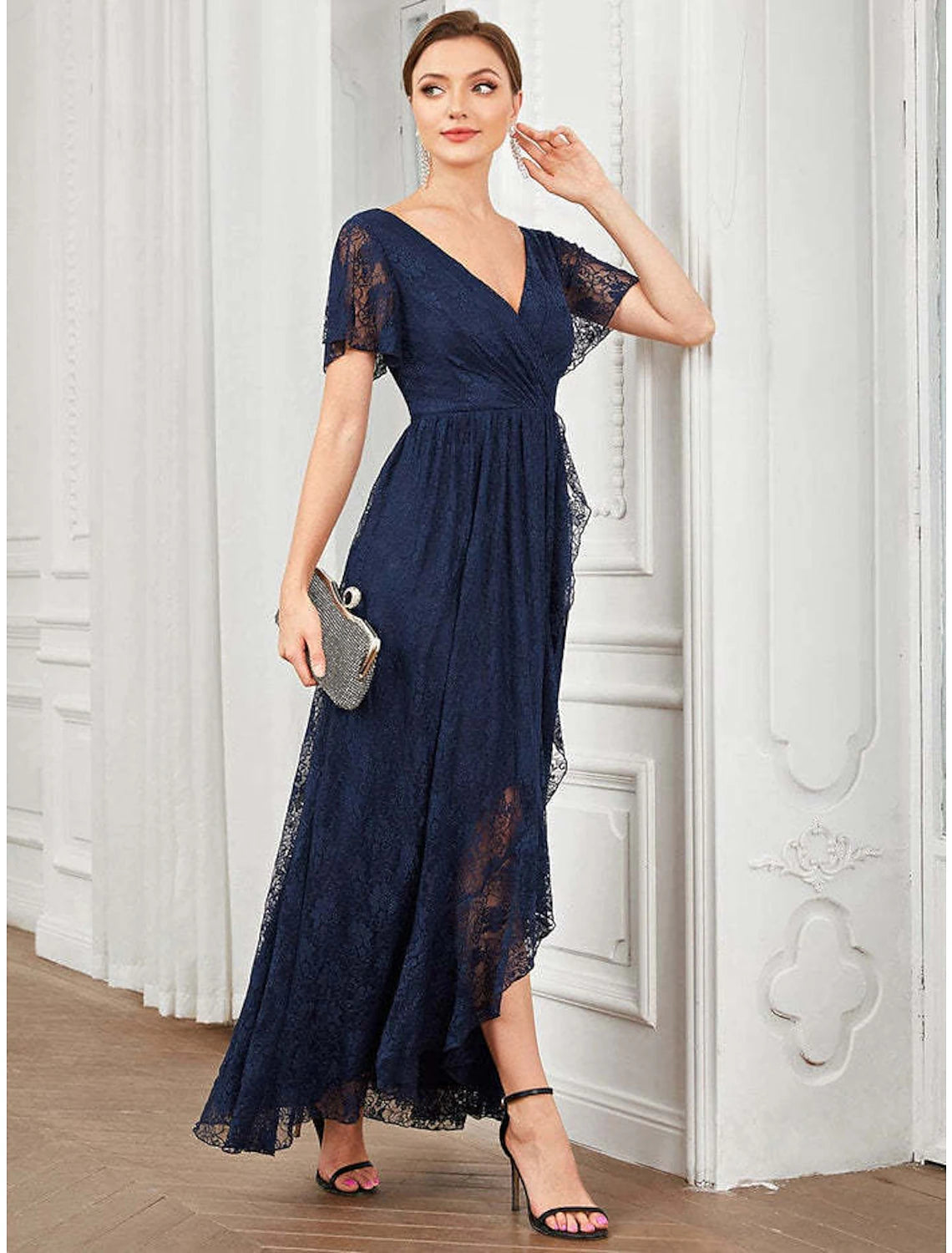 Side view of the A-line V-neck lace applique midi dress.