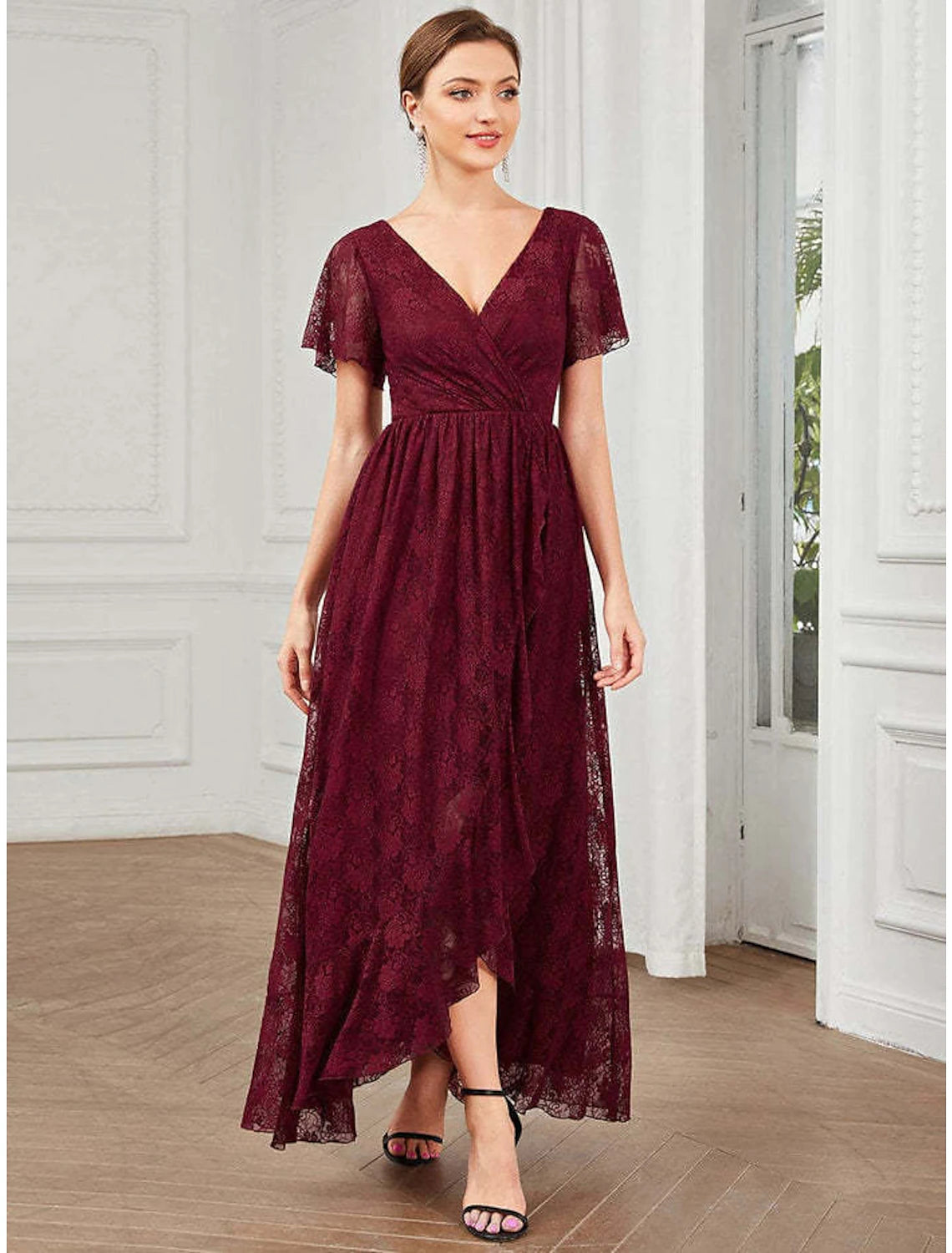 Full length view of the A-line V-neck lace applique midi dress.