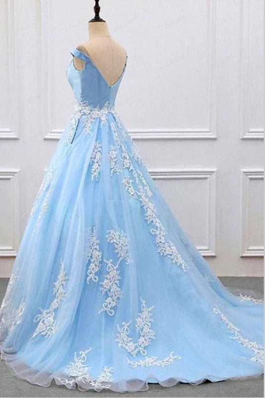Back view of the A-line V-neck formal dress, highlighting the lace appliques and flowing tulle.