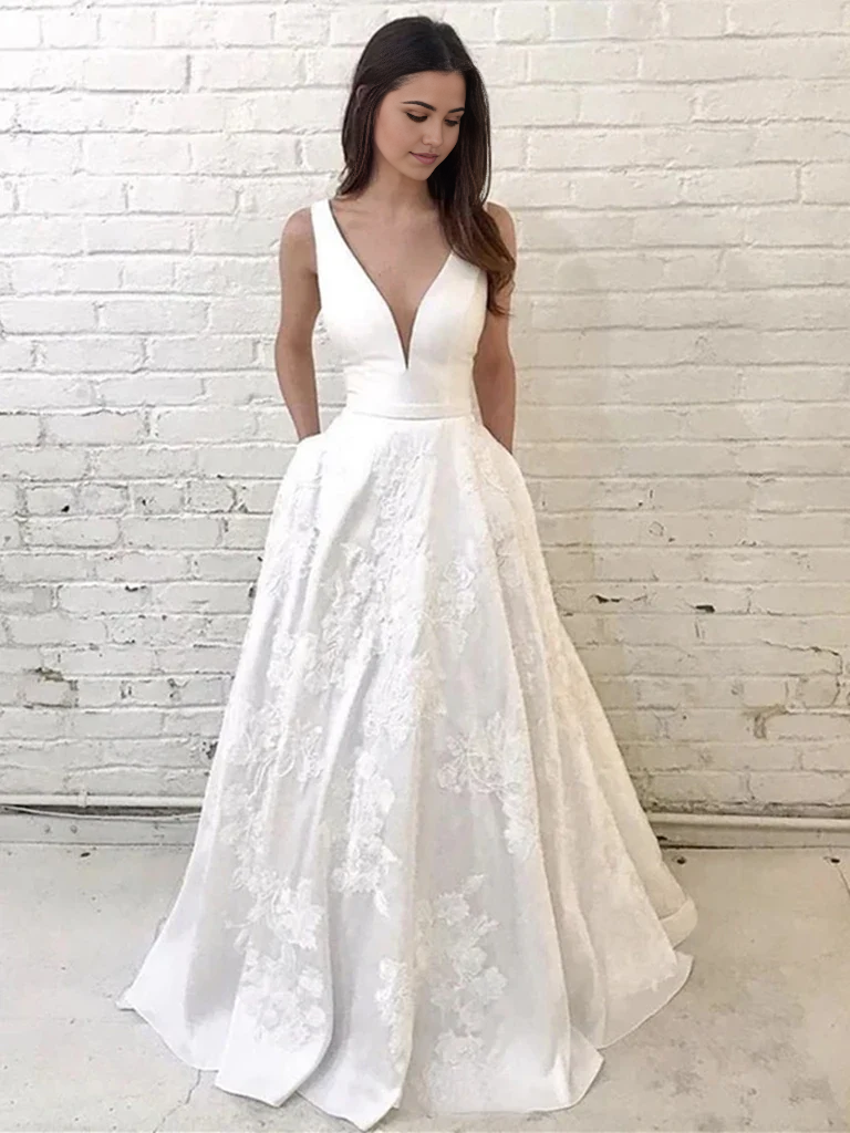 Elegant A-line V-neck white lace long dress with appliques.