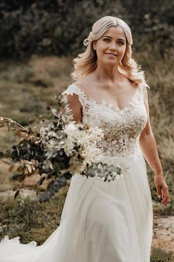 Back view of the A-Line wedding gown featuring an illusion lace design.