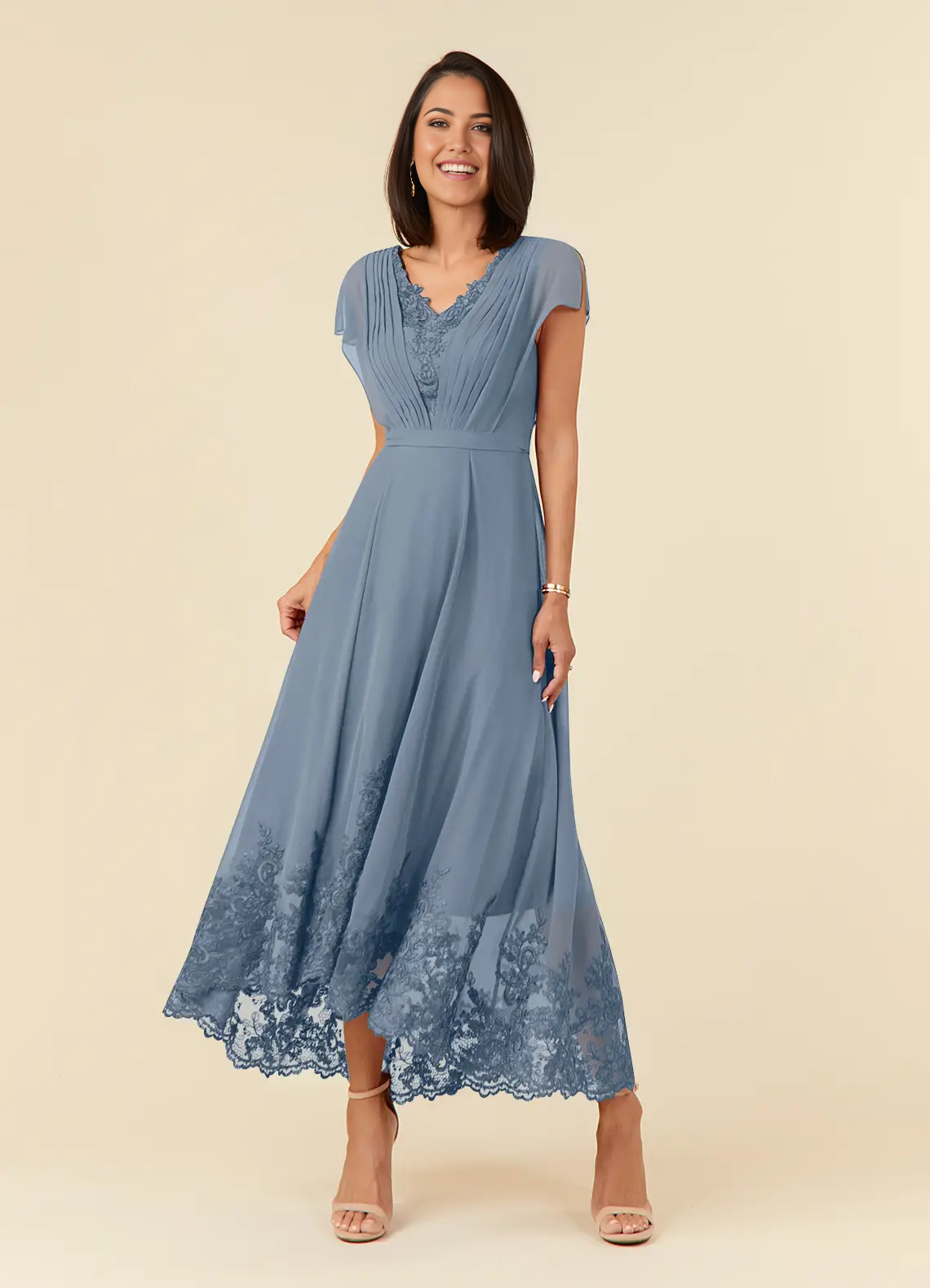 Elegant A-line V-neck tea length dress with lace appliques.
