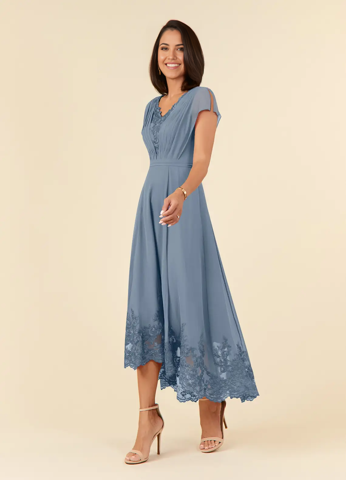 Side view of the tea length A-line formal dress.