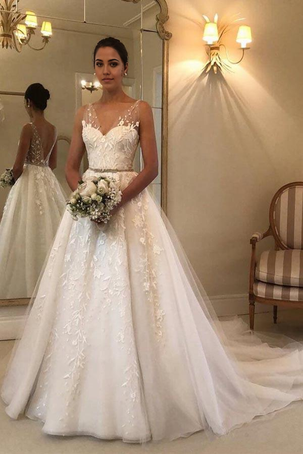 Elegant A-Line V-Neck lace backless rustic wedding dress.