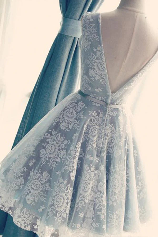 Back view of the lace backless homecoming dress, showing intricate details.