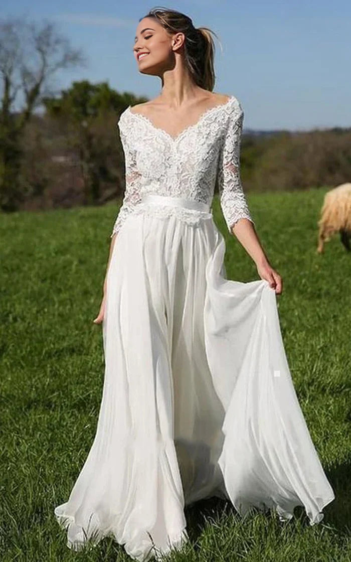 Elegant A-line V-neck wedding dress with lace and chiffon, featuring 3/4 sleeves.