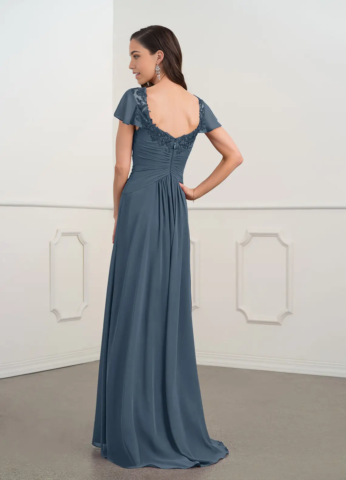 Full view of the elegant A-line lace chiffon formal dress with appliques.