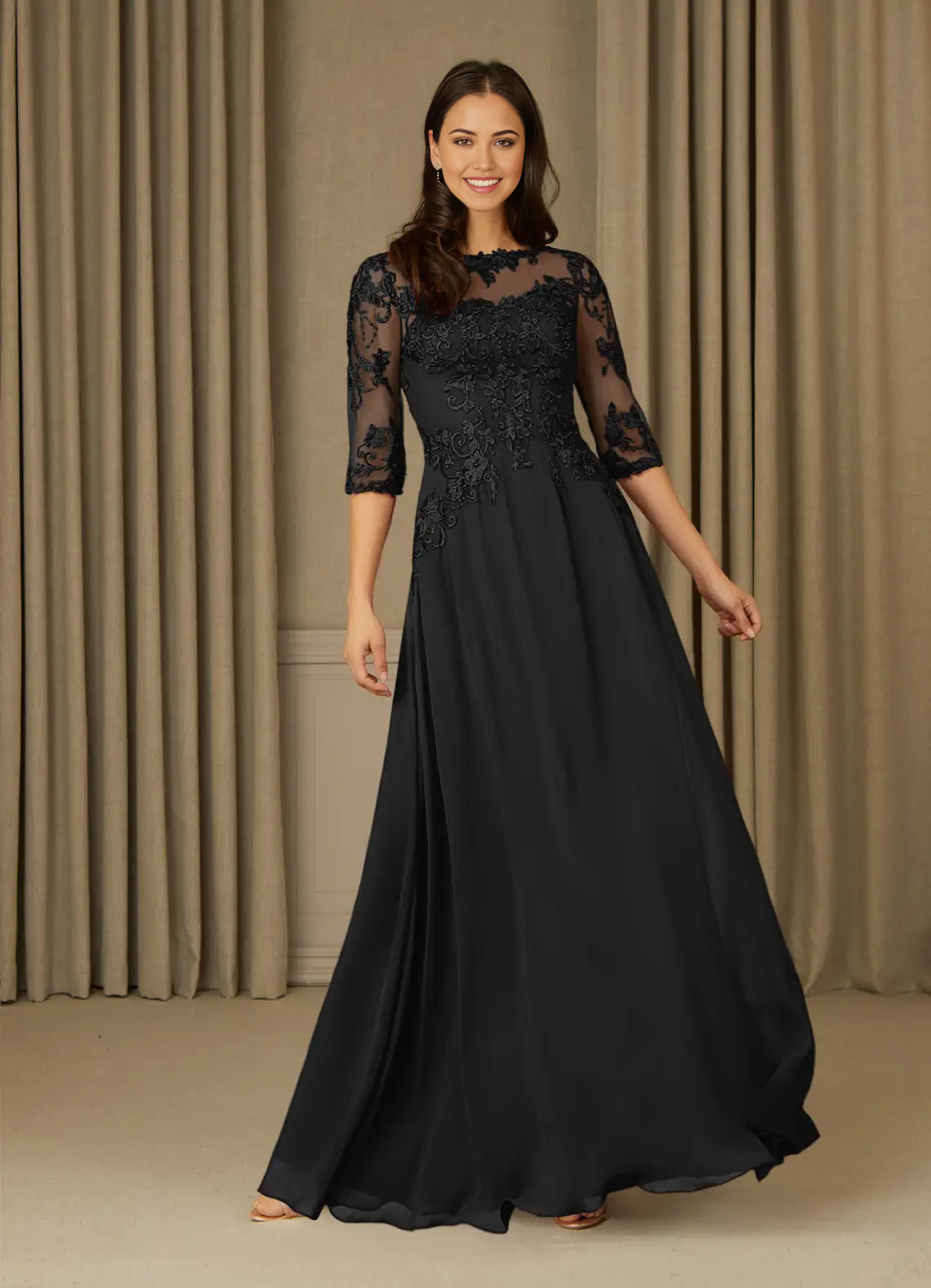 Black A-line Mother of the Bride dress with lace and chiffon details.