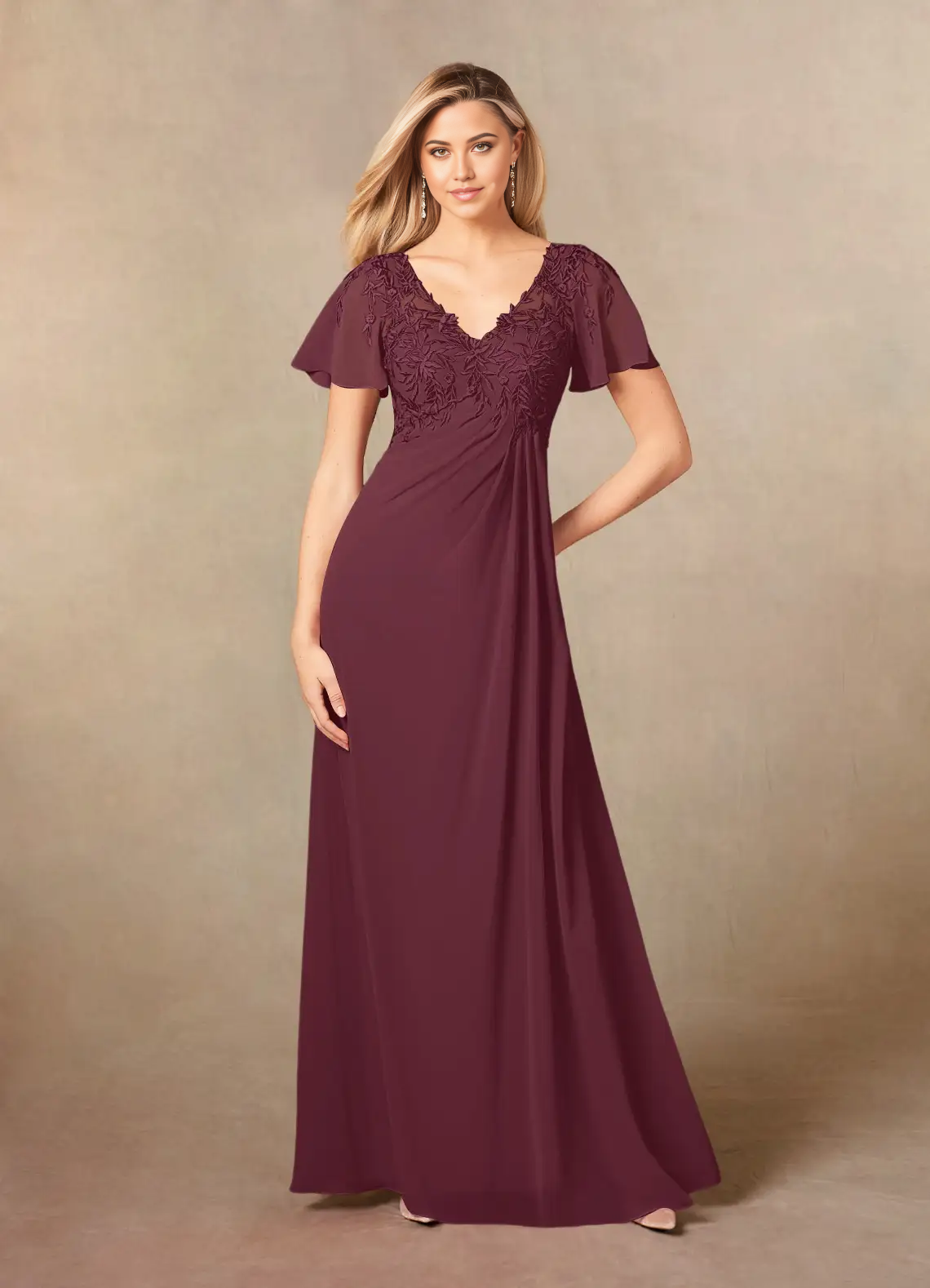 Elegant Cabernet A-Line V-Neck chiffon dress with lace appliques.