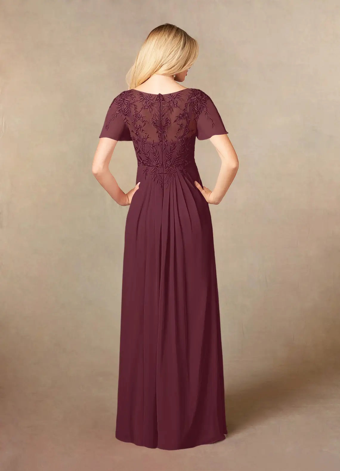 Back view of the Cabernet formal gown, showing flowing chiffon.