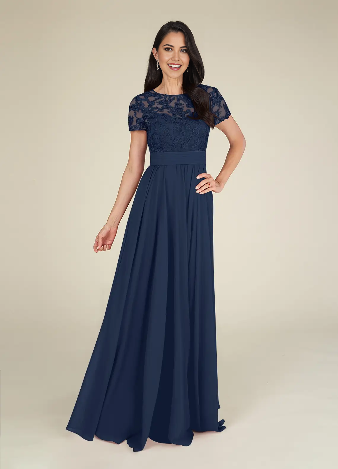 Dark Navy A-Line Mother of the Bride Dress with V-Neck.