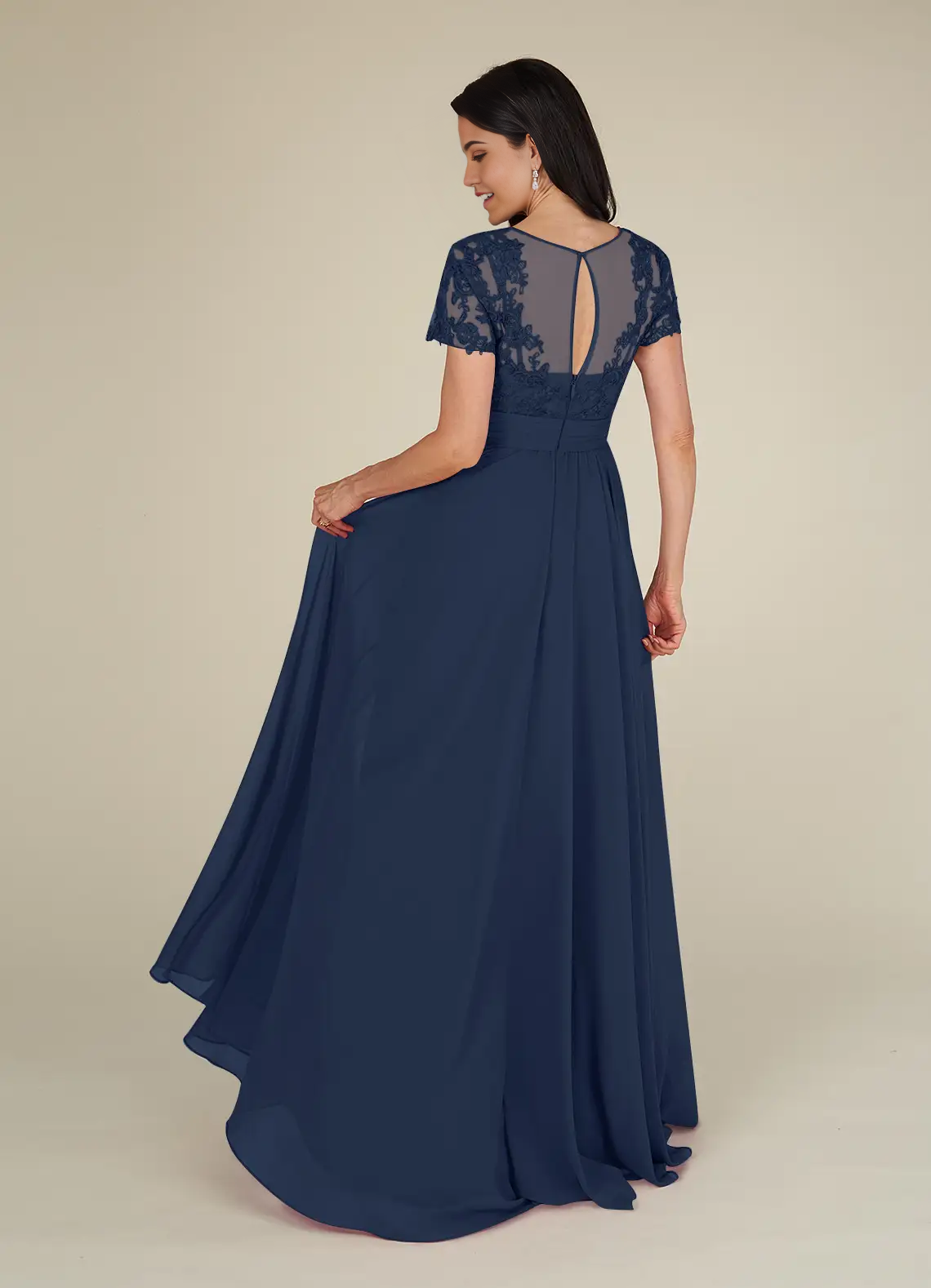 Elegant Dark Navy Lace Chiffon Formal Gown.
