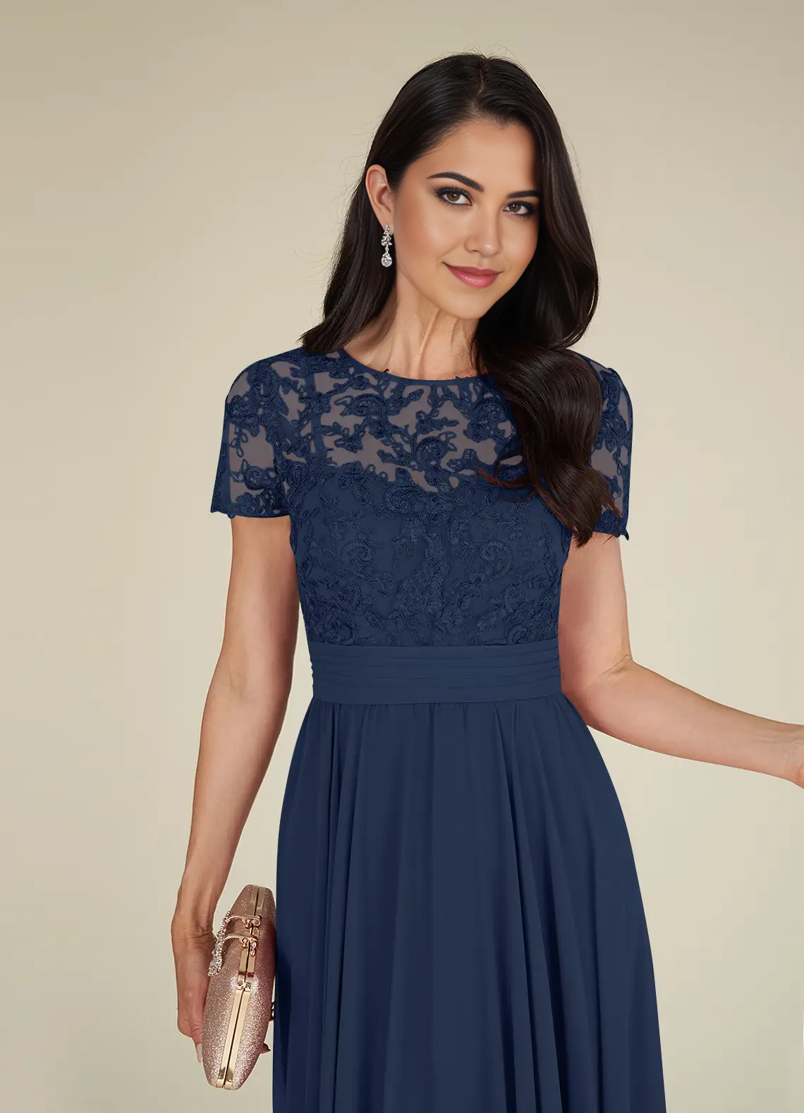 Long Dark Navy V-Neck A-Line Dress for Weddings.