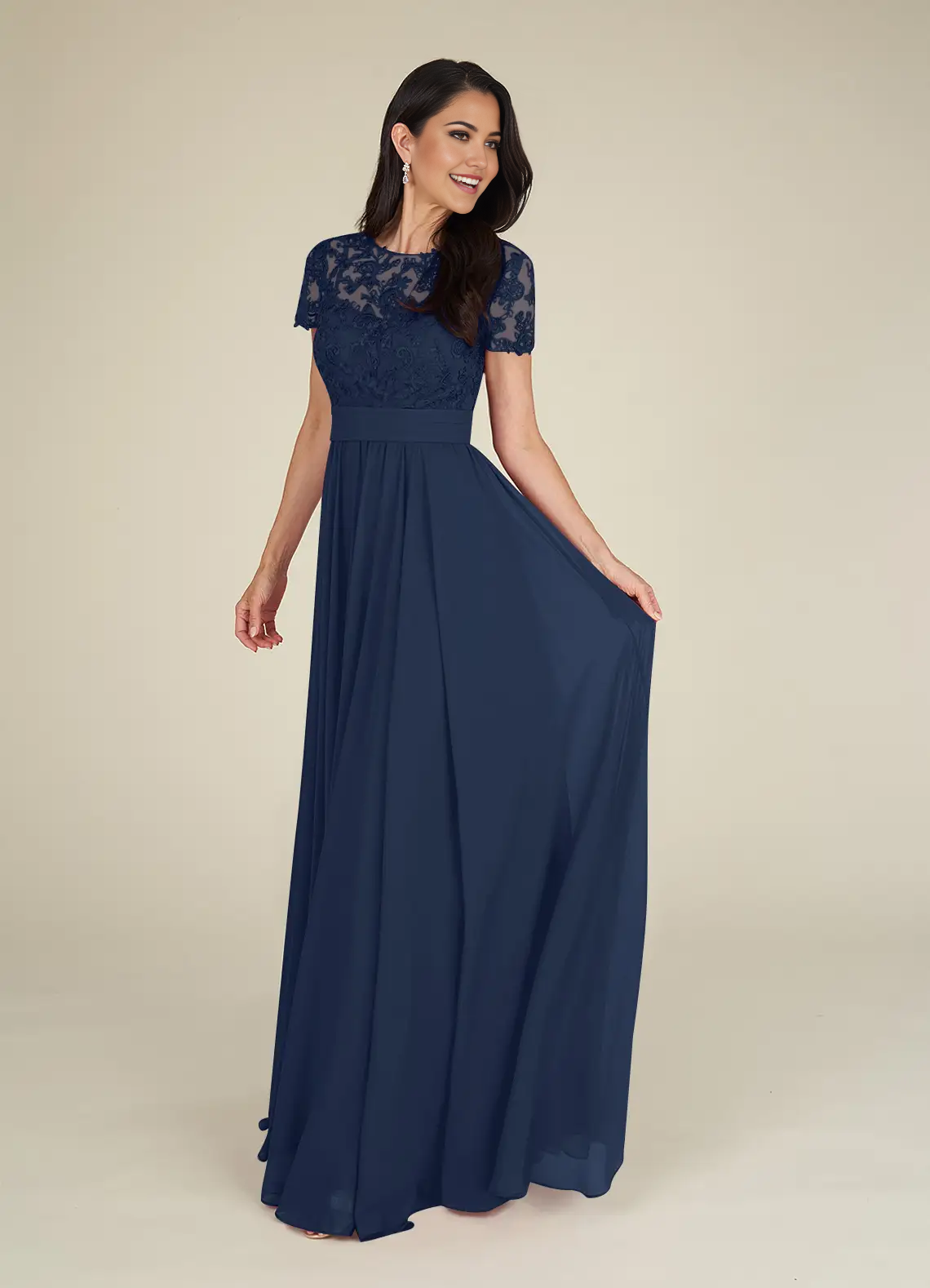 Model wearing a dark navy A-line V-neck lace chiffon formal dress.