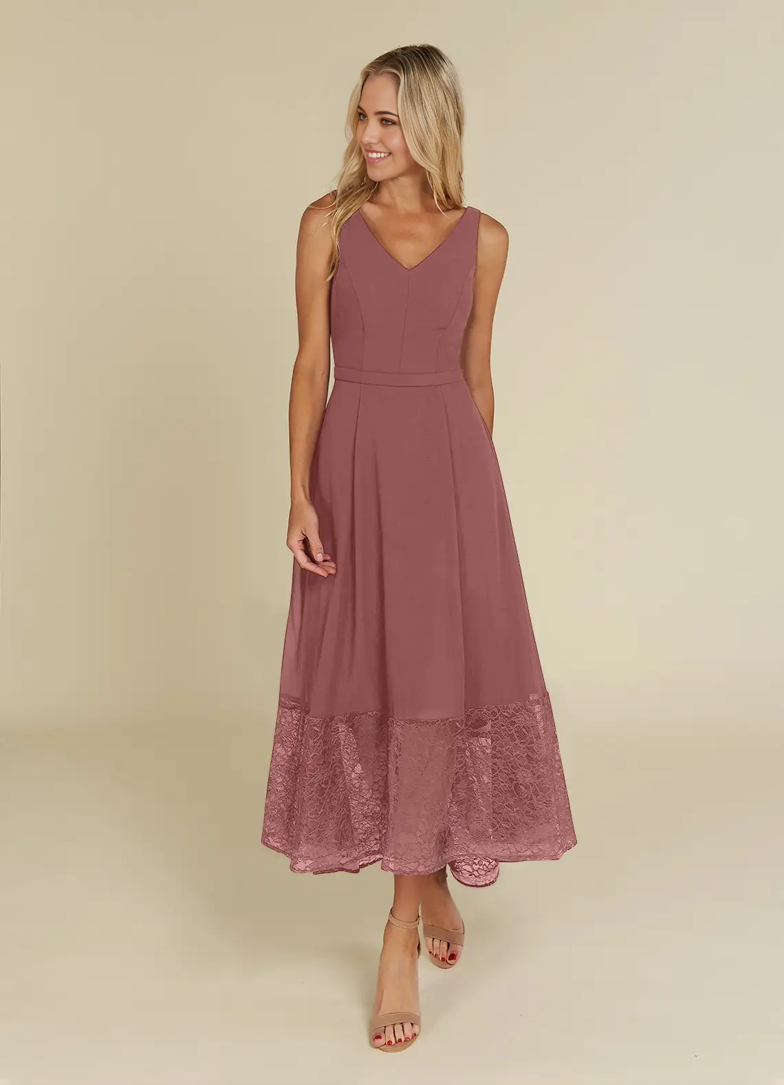 A-Line V-Neck Lace Chiffon Mother of the Bride dress in Desert Rose.