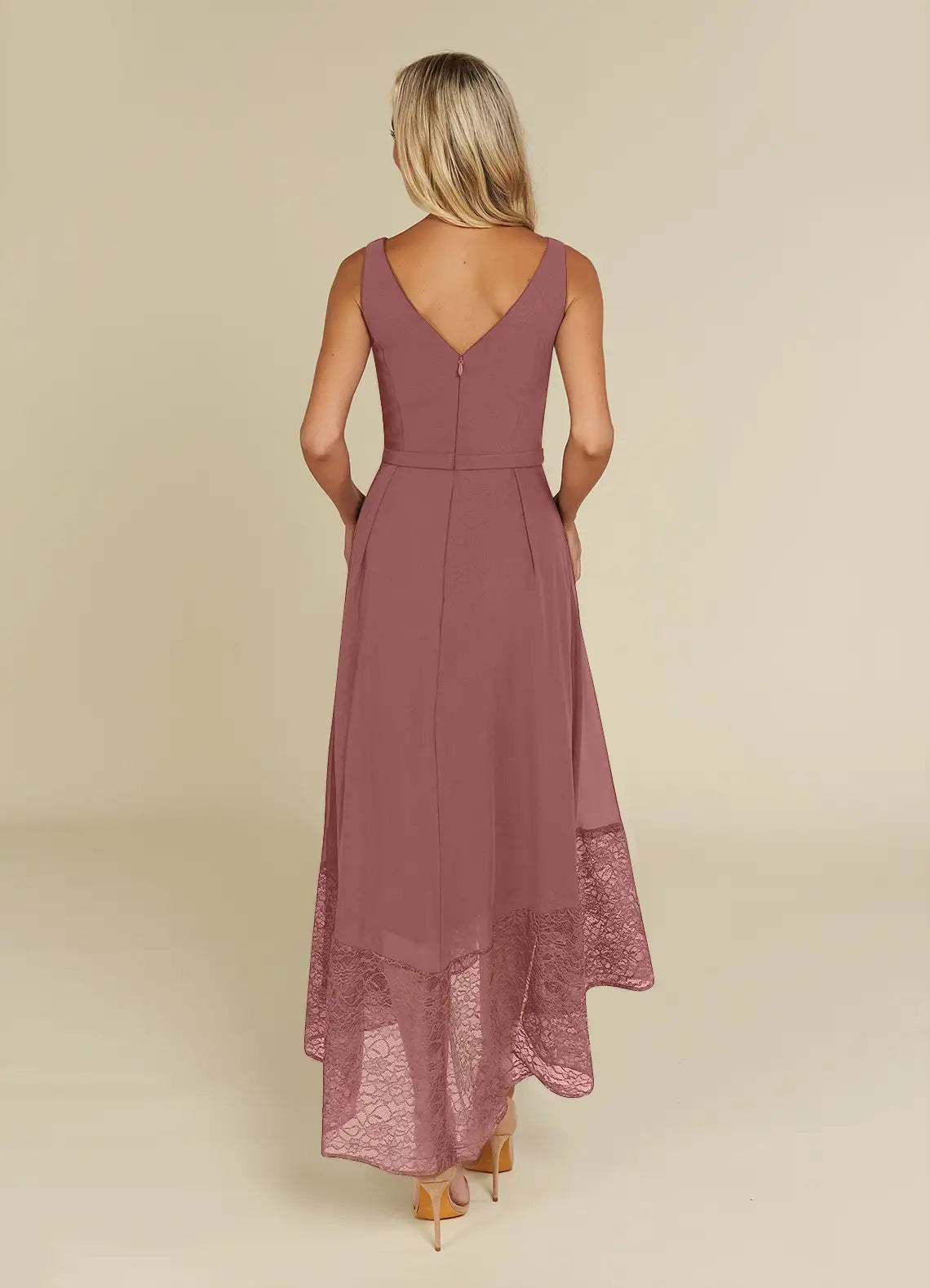 Back view of the Desert Rose A-Line formal dress with V-neck.