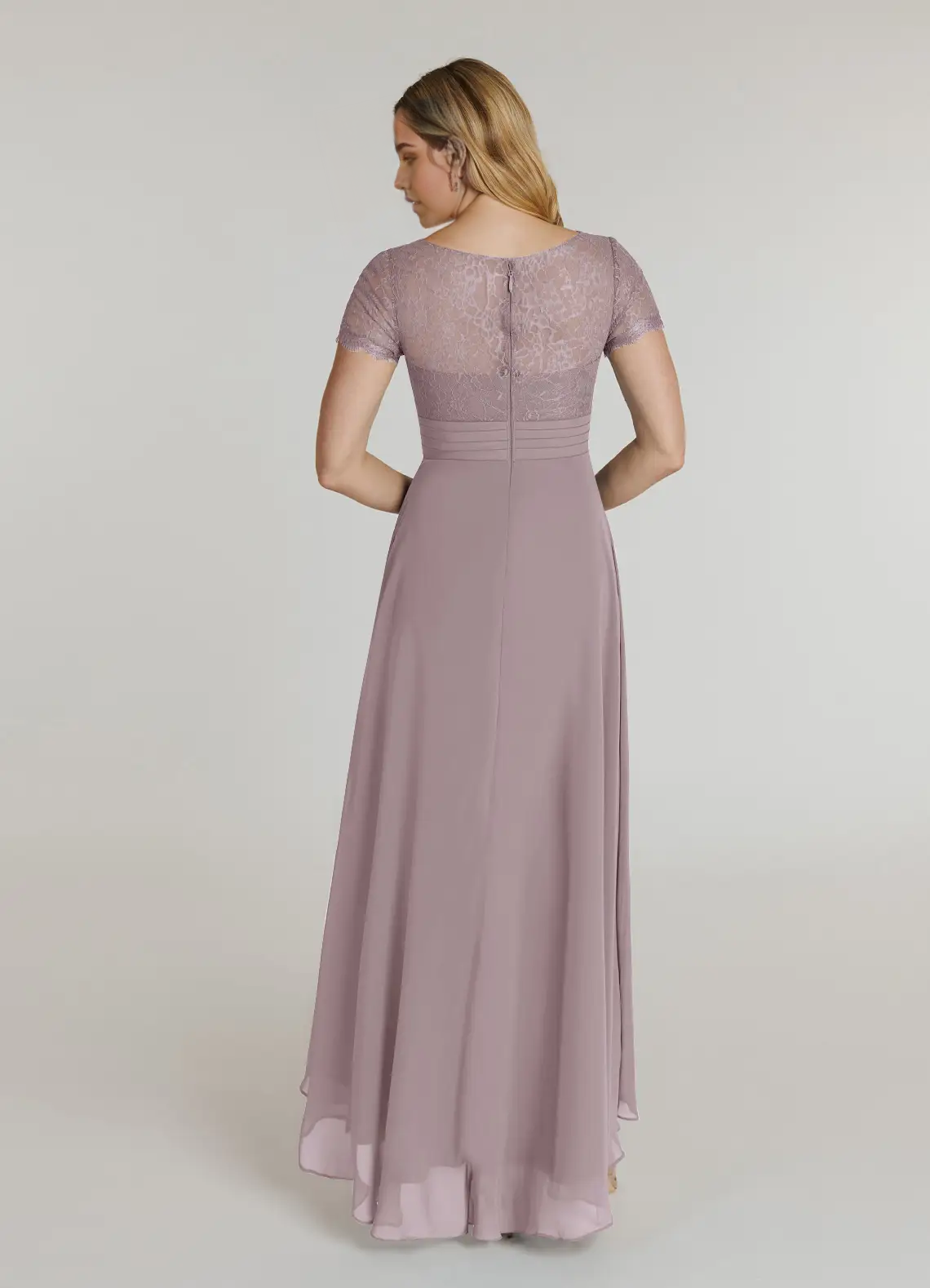 Back view of the elegant Dusk A-line V-neck lace chiffon dress.
