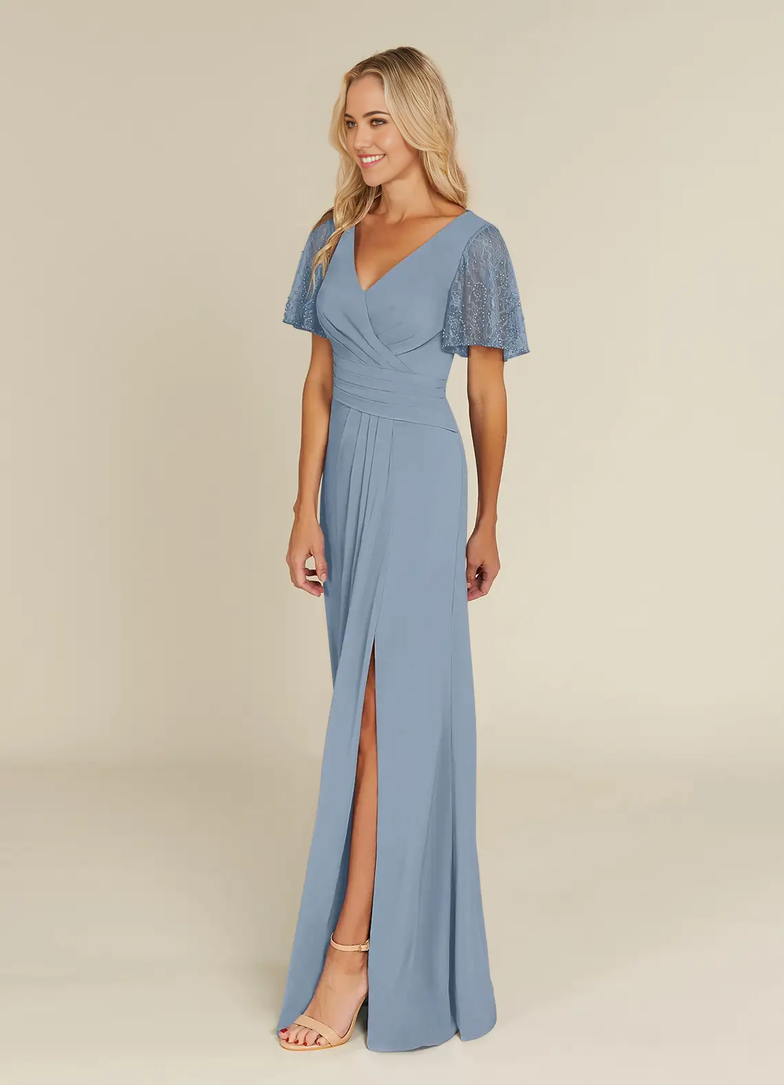 Side view of a dusty blue lace chiffon A-line dress with V-neck.
